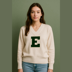 Vintage Cheer Letterman’s Sweater E College Sports Team E Green V Neck sweater